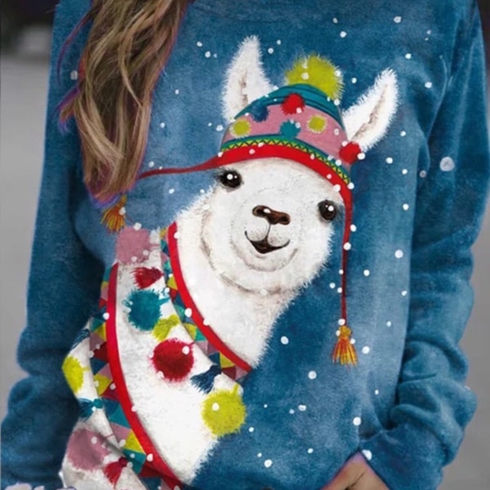 Cozy Llama Graphic Crewneck Sweater - Blue